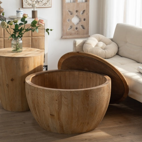 Vintage Industrial Nesting Coffee Table Set - Bucket Style Tables with Lift-Top Storage