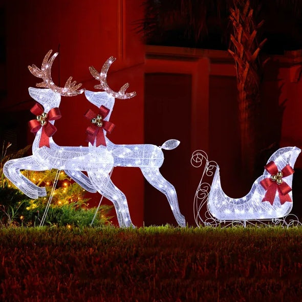 3-Piece Lighted Set – 2 Reindeer & Sleigh with 270 Pre-lit White LEDs, Weather-Proof Outdoor Christmas Decoration with Stakes