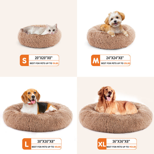 24" Round Cat Bed – Anti-Slip Fluffy Plush Faux Fur Cushion for Cats, Small Dogs & Puppies up to 25 lbs