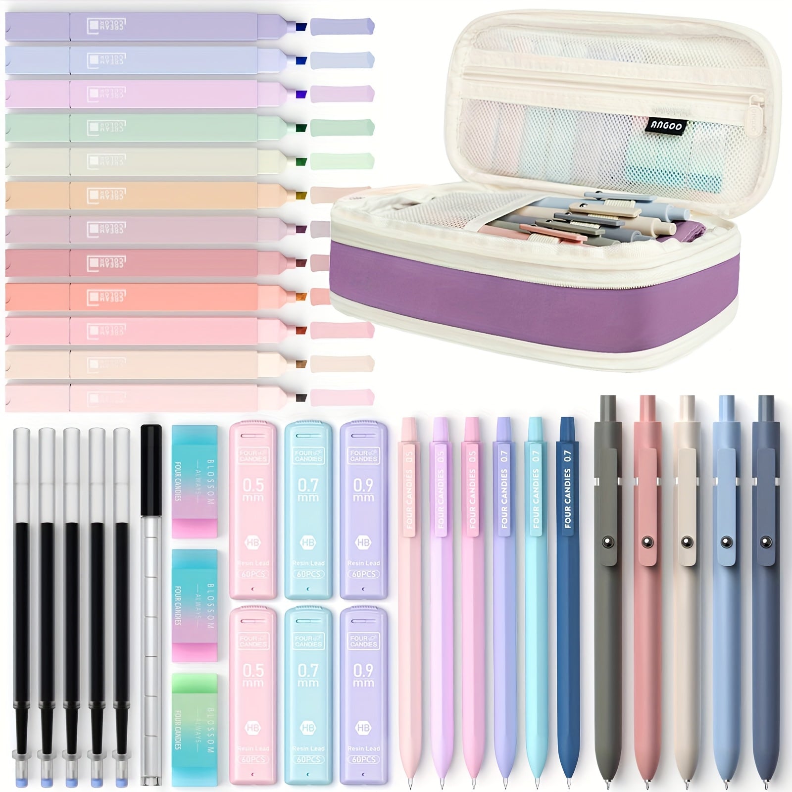 39-Piece Aesthetic School Supplies Set – Pastel Highlighters, Gel Pens, Mechanical Pencils & Cute Pen Case