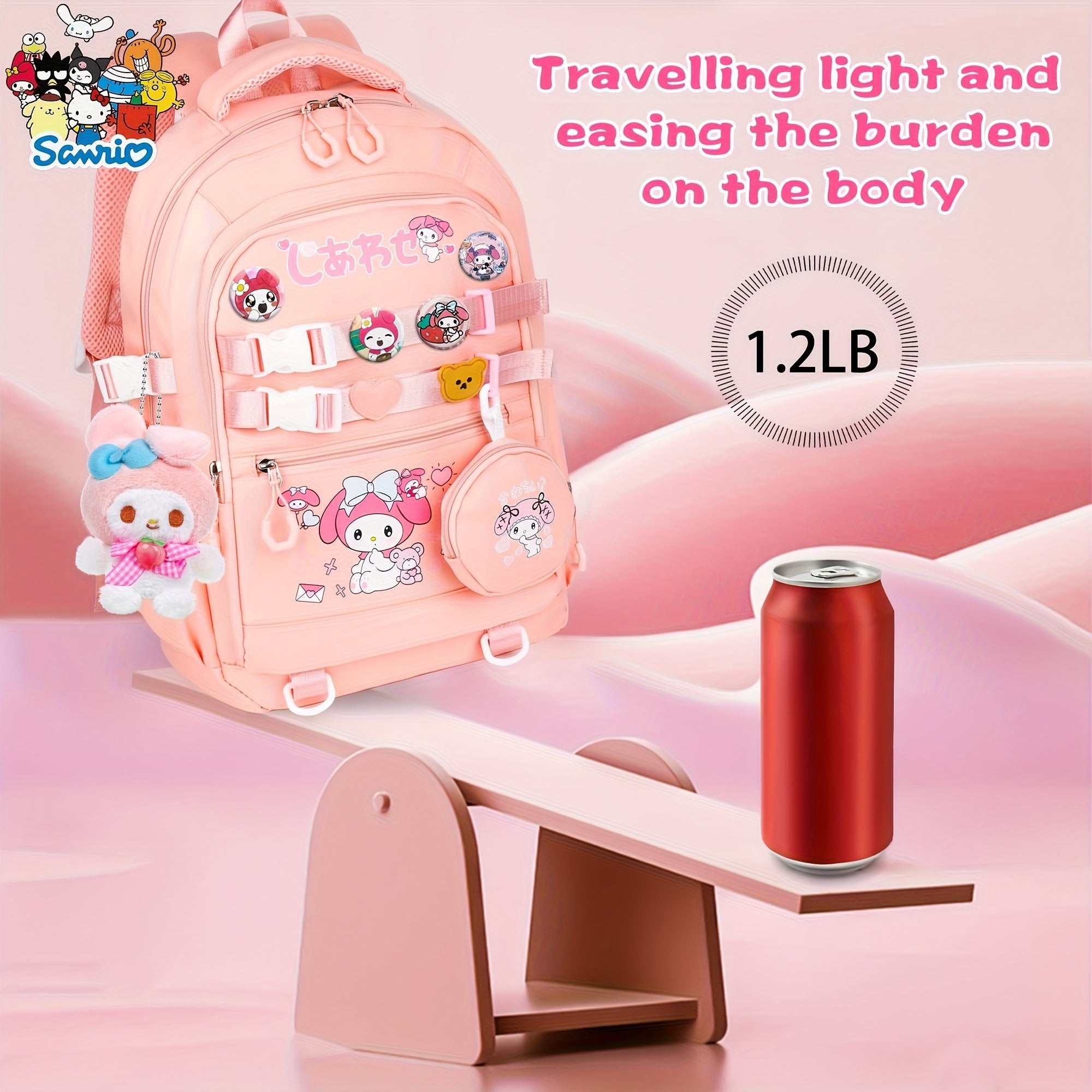Sanrio Cinnamoroll & My Melody Large-Capacity Backpack Set – Includes Coat Purse, Stationery Set, Lanyard & 4 Badge Pins