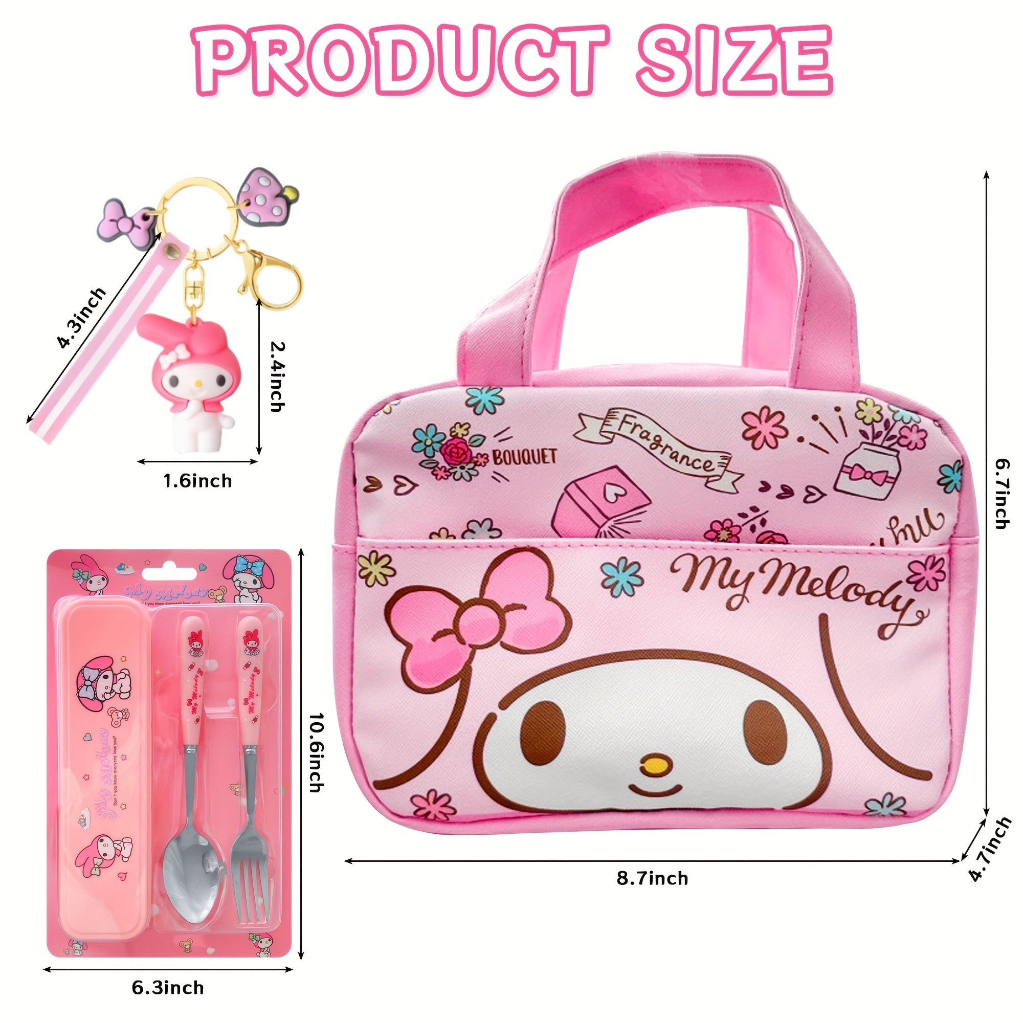 MY MELODY Insulated Lunch Bag – Tableware & Keychain Included, Perfect for School, Work & Travel 🍱🎀