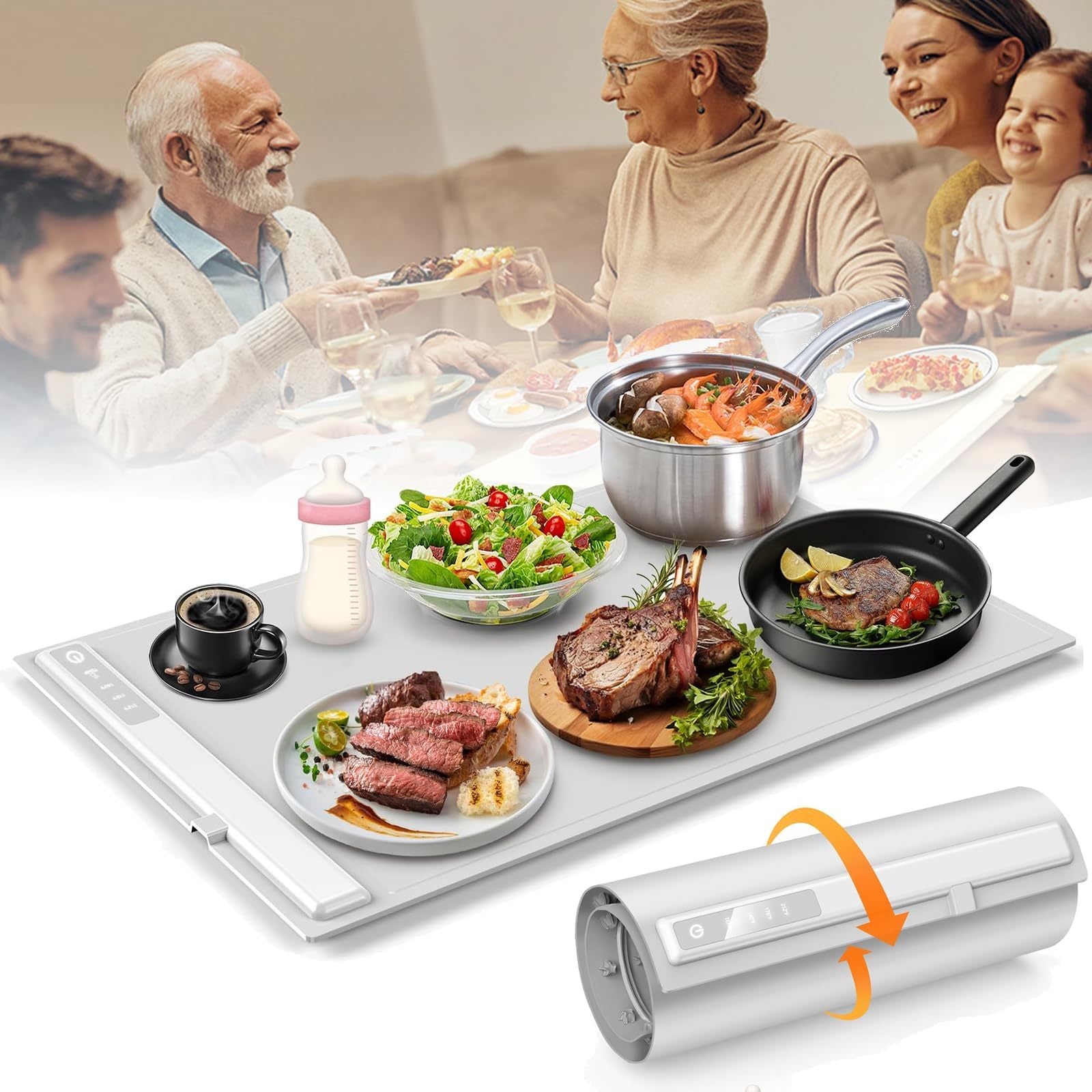Foldable Electric Food Warming Mat - Silicone Heating Tray with 3 Temperature Settings for Buffets & Parties