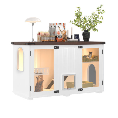 47.25″ Large Cat Litter Box Enclosure with LED Light – Hidden Cat House with Stairs, Scratching Post & Smart Doors (White)