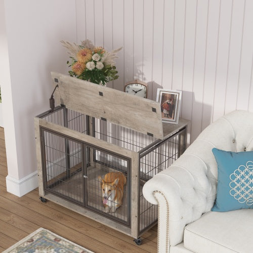 Furniture-Style Dog Cage – Grey Wooden Side Table with Wheels, Double Doors & Raised Top for Small & Medium Dogs