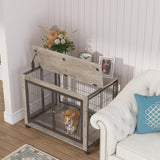 Furniture-Style Dog Cage – Grey Wooden Side Table with Wheels, Double Doors & Raised Top for Small & Medium Dogs