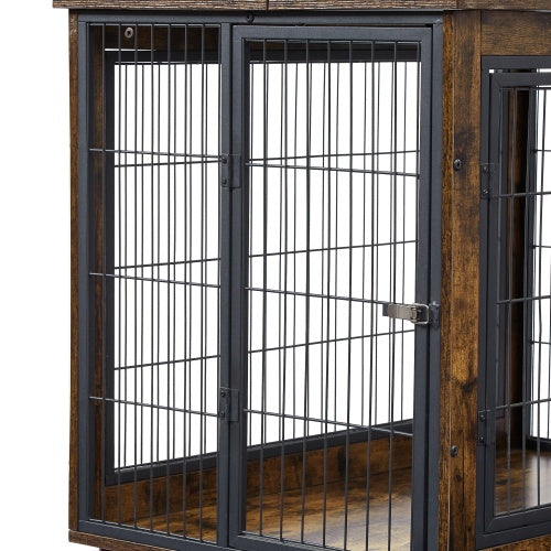 Furniture-Style Dog Crate Side Table – Rustic Brown Wooden Kennel with Double Doors, Lift-Top & Wheels