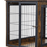Furniture-Style Dog Crate Side Table – Rustic Brown Wooden Kennel with Double Doors, Lift-Top & Wheels