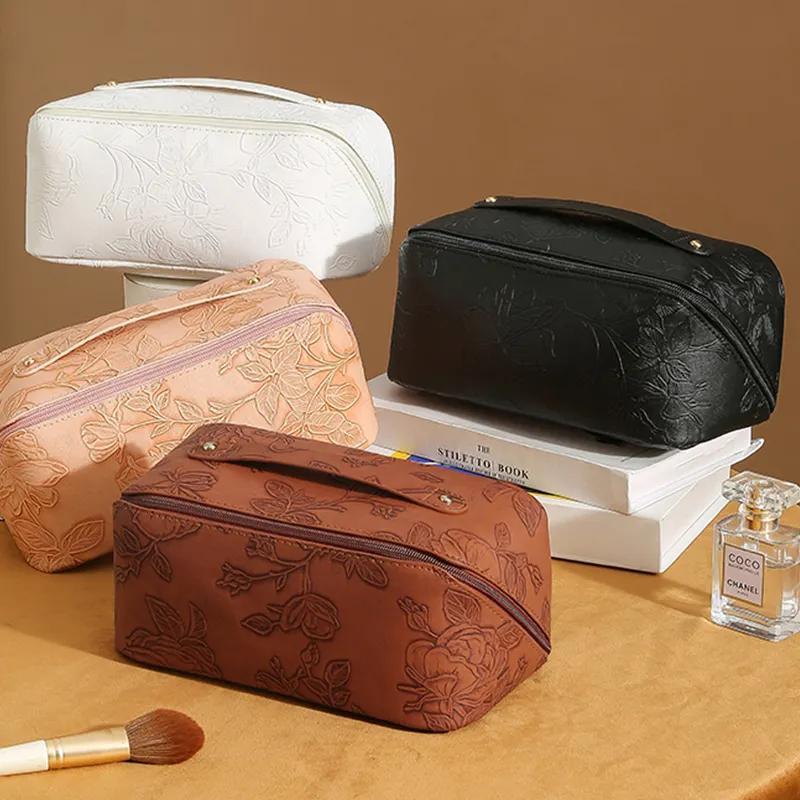 Embossed Pattern Leather Makeup Bag – Portable Cosmetics Organizer Pouch