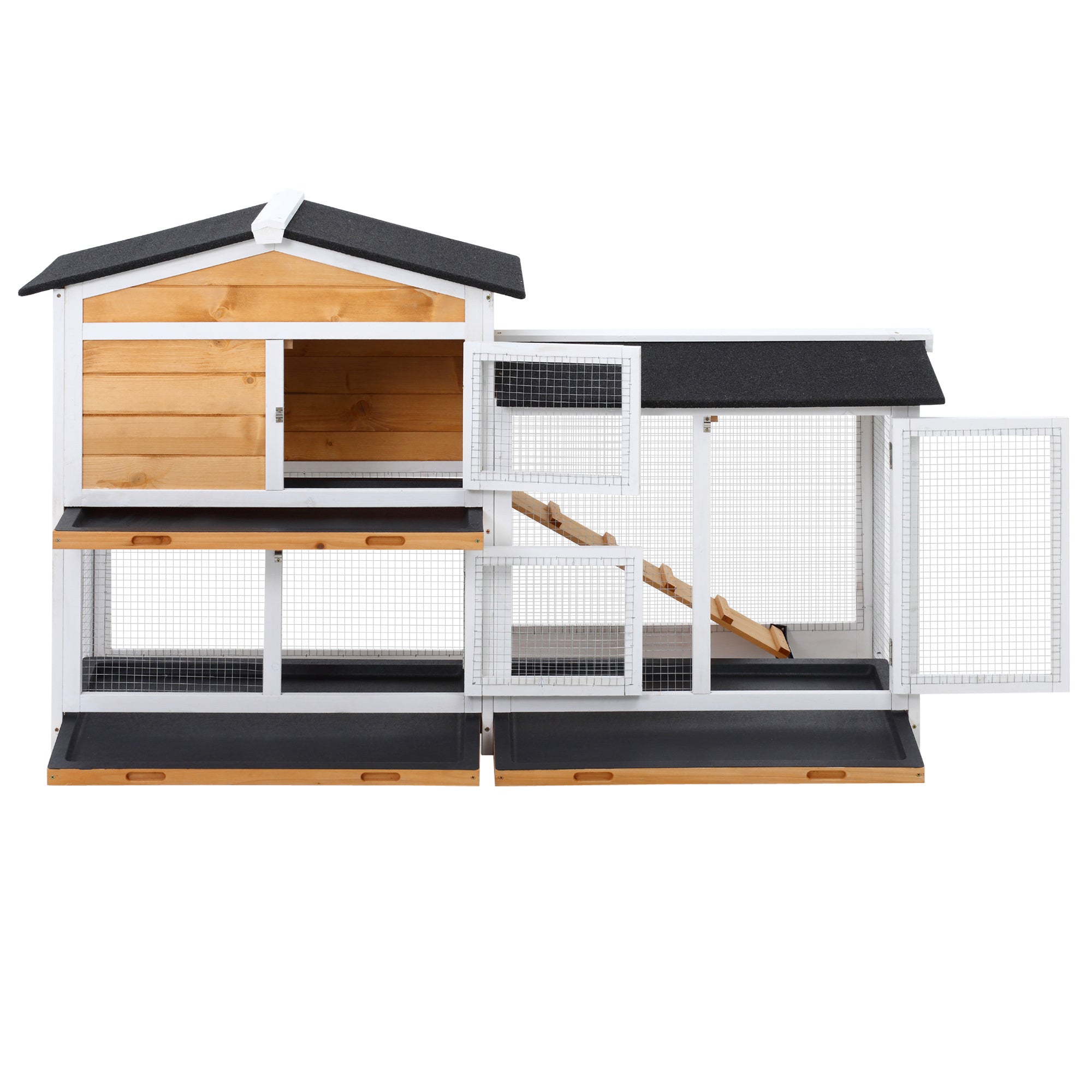 2-Storey Wooden Rabbit Hutch – Small Animal House with Ramp, Enclosed Shelter & Open Run Area