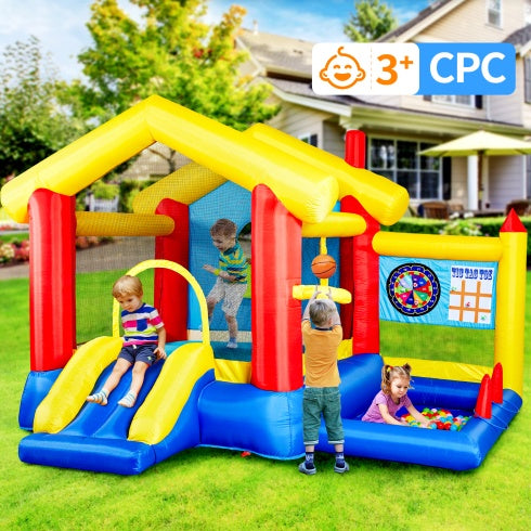 8‑in‑1 Inflatable Bounce House – Kids Play Center with Blower, Basketball Hoop, Ocean Balls, Ring Toss & Sticky Ball Game