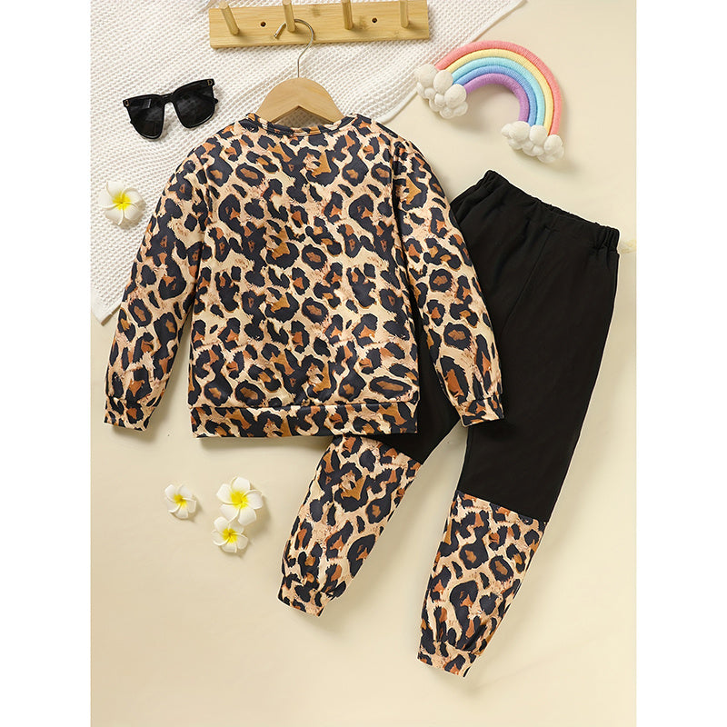 Toddler Girls Fall/Winter Outfit – Leopard Letter Print Sweatshirt & Sweatpant 2-Piece Set