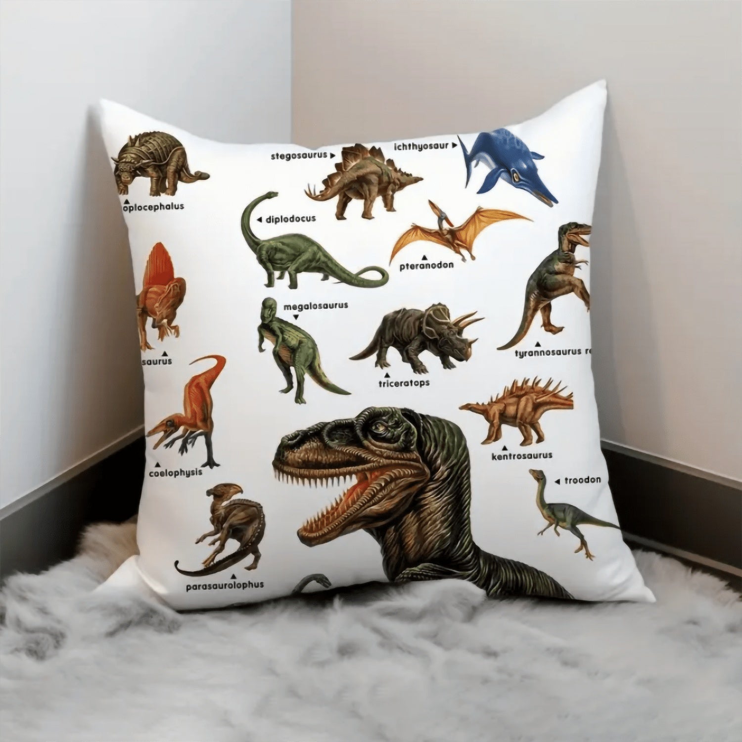 Wild Dinosaur Pillow Cover – 18”×18” Square Cotton-Poly Blend with Tyrannosaurus, Brachiosaurus & Triceratops for Boys’ Room Decor