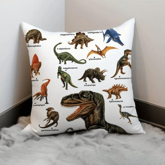 Wild Dinosaur Pillow Cover – 18”×18” Square Cotton-Poly Blend with Tyrannosaurus, Brachiosaurus & Triceratops for Boys’ Room Decor