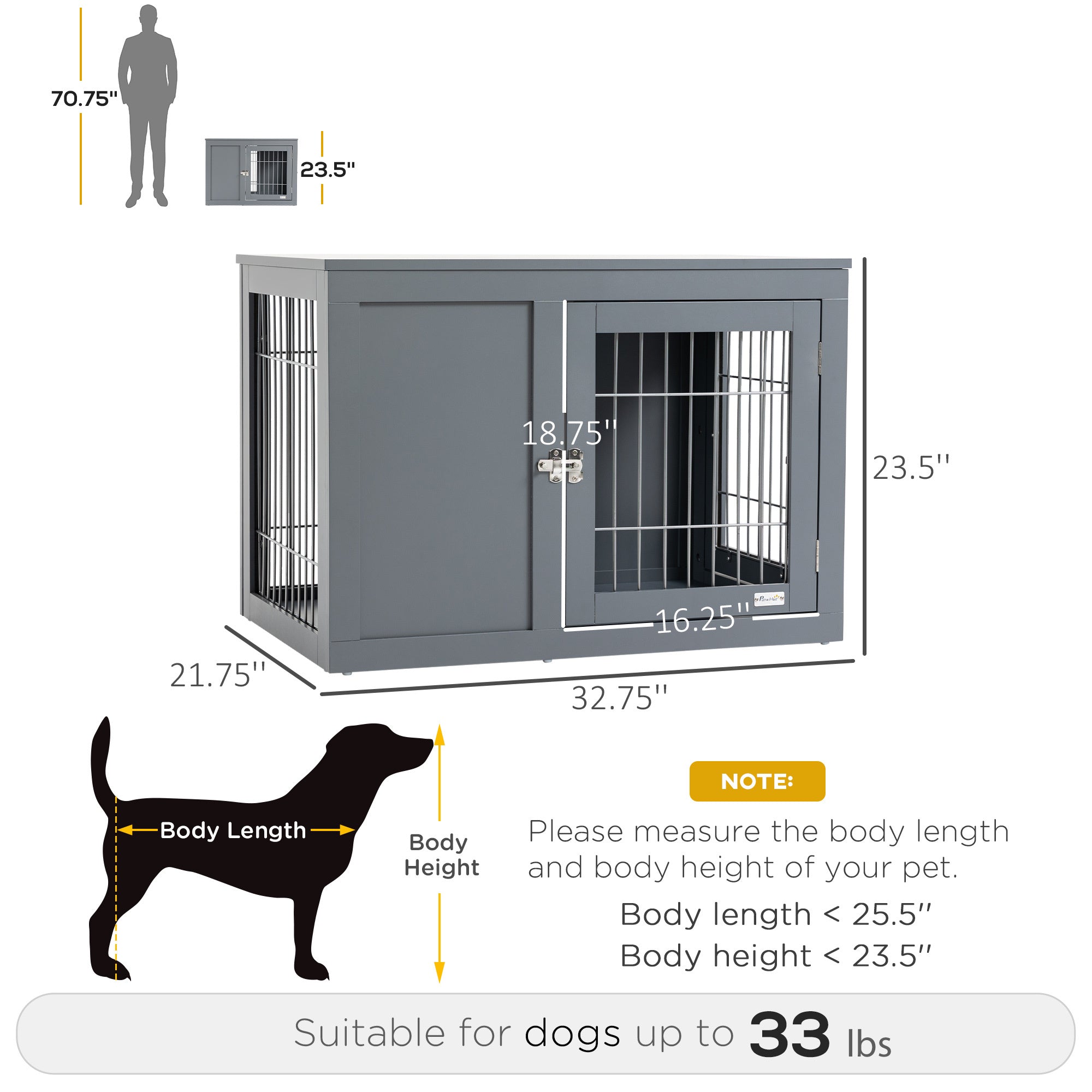 Dog Cage Furniture – Grey Metal Indoor Pet Crate with Double Doors, Secure Locks & End Table Design for Small & Medium Dogs