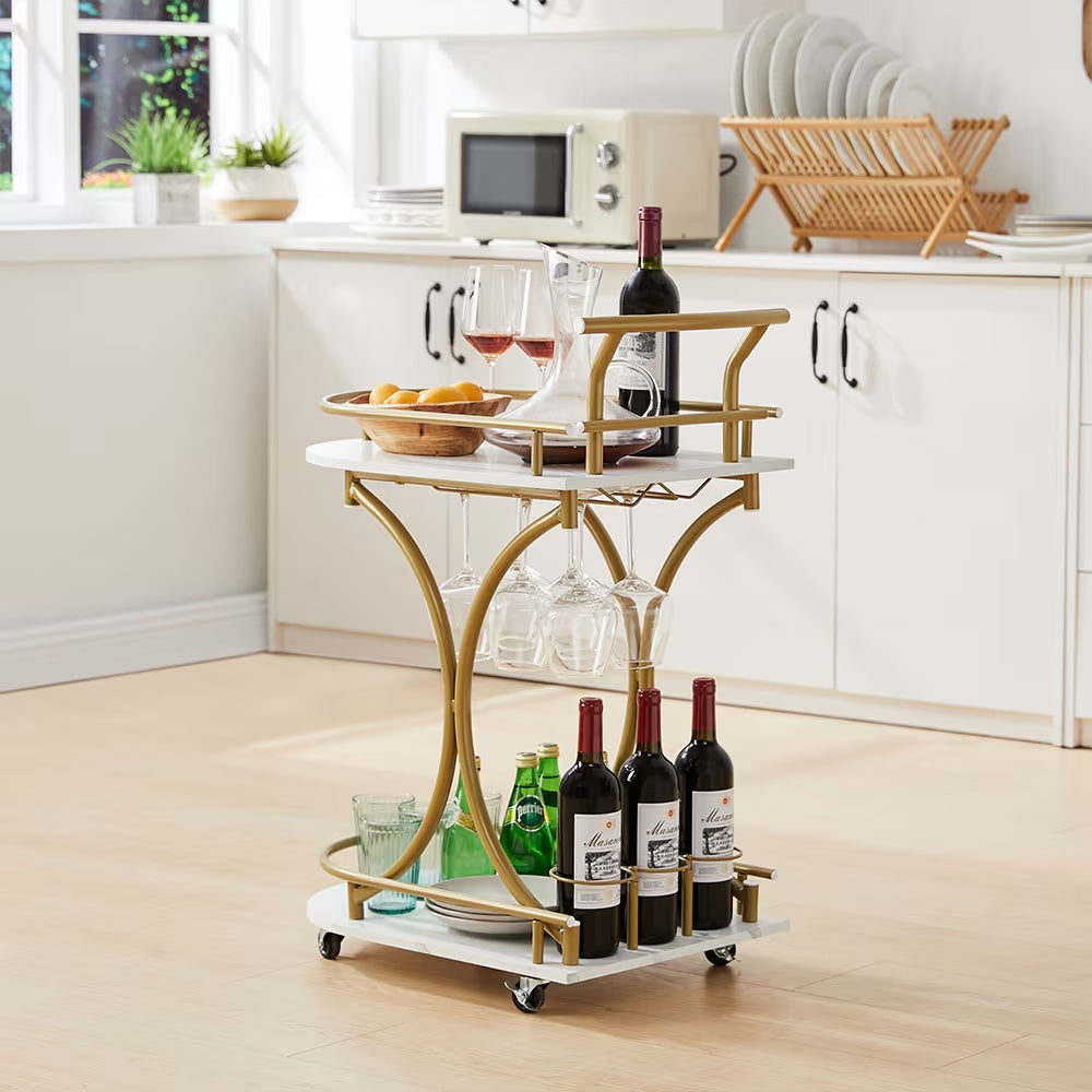 2-Tier Rolling Bar Cart with Wine Rack - Gold Metal & Mirror Serving Trolley