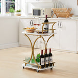 2-Tier Rolling Bar Cart with Wine Rack - Gold Metal & Mirror Serving Trolley
