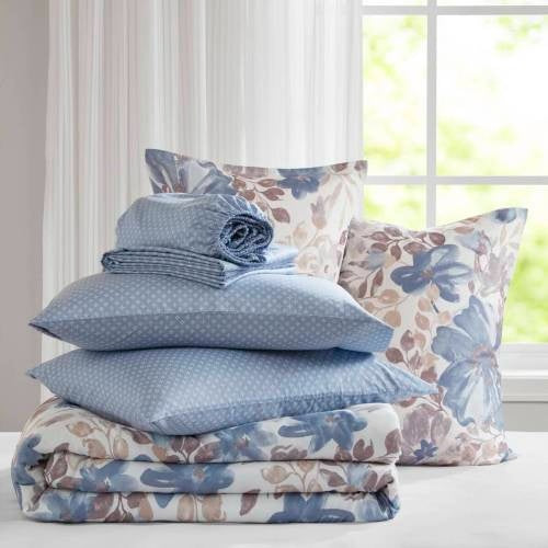 Floral Comforter Set with Bed Sheets – Queen Size, Blue Floral Design