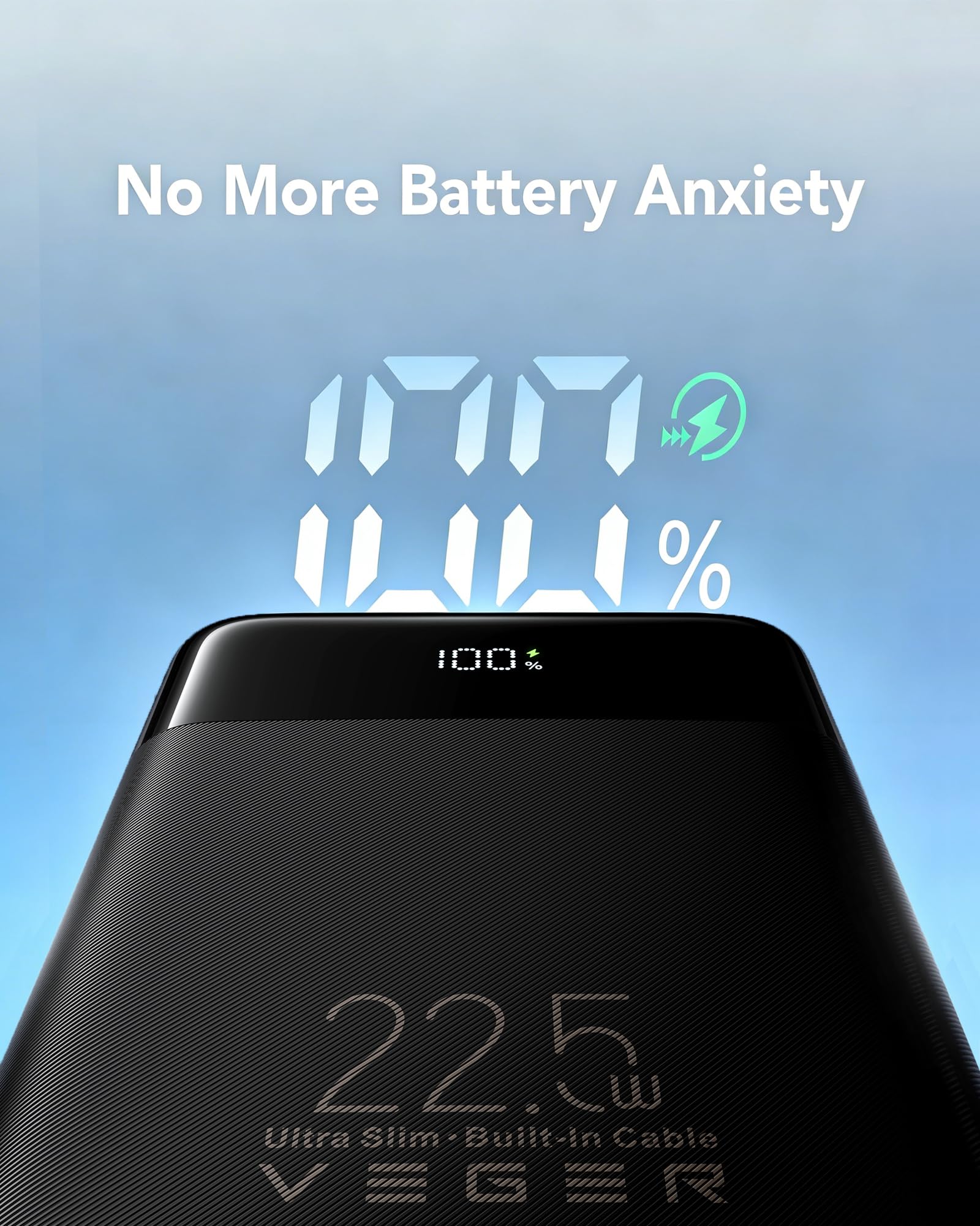 VEGER 10000mAh Slim Power Bank with Built-in USB-C & Lightning Cables – 22.5W Fast Charging Portable Charger for iPhone, Samsung & Travel Devices