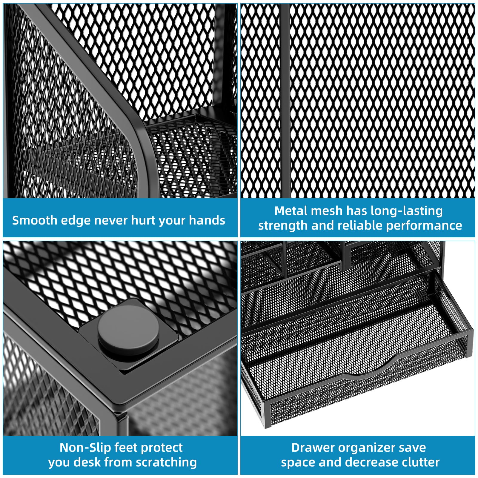 Marbrasse Mesh Desk Organizer with Drawer Multi-Compartment Pen Holder Office Supplies Storage Caddy Black