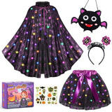 Girls Glow-in-the-Dark LED Witch Costume Set – Light-Up Cape, Tutu Skirt, Headband & Trick-or-Treat Bag (Ages 3–8)