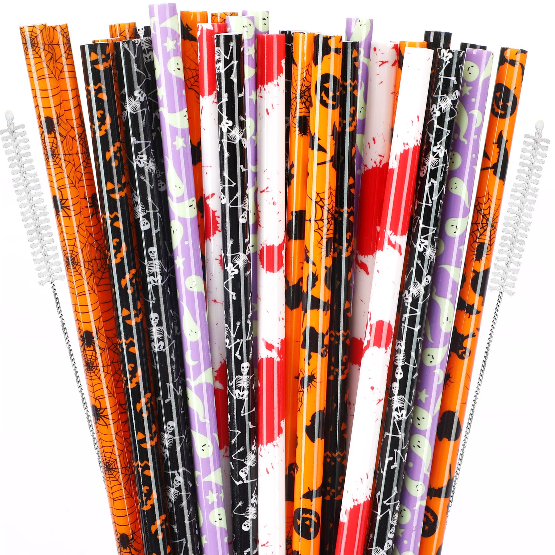 30PCS Assorted Halloween Reusable Straws – 6 Designs with Cleaning Brushes, Food-Grade Plastic for Party & Daily Drinks