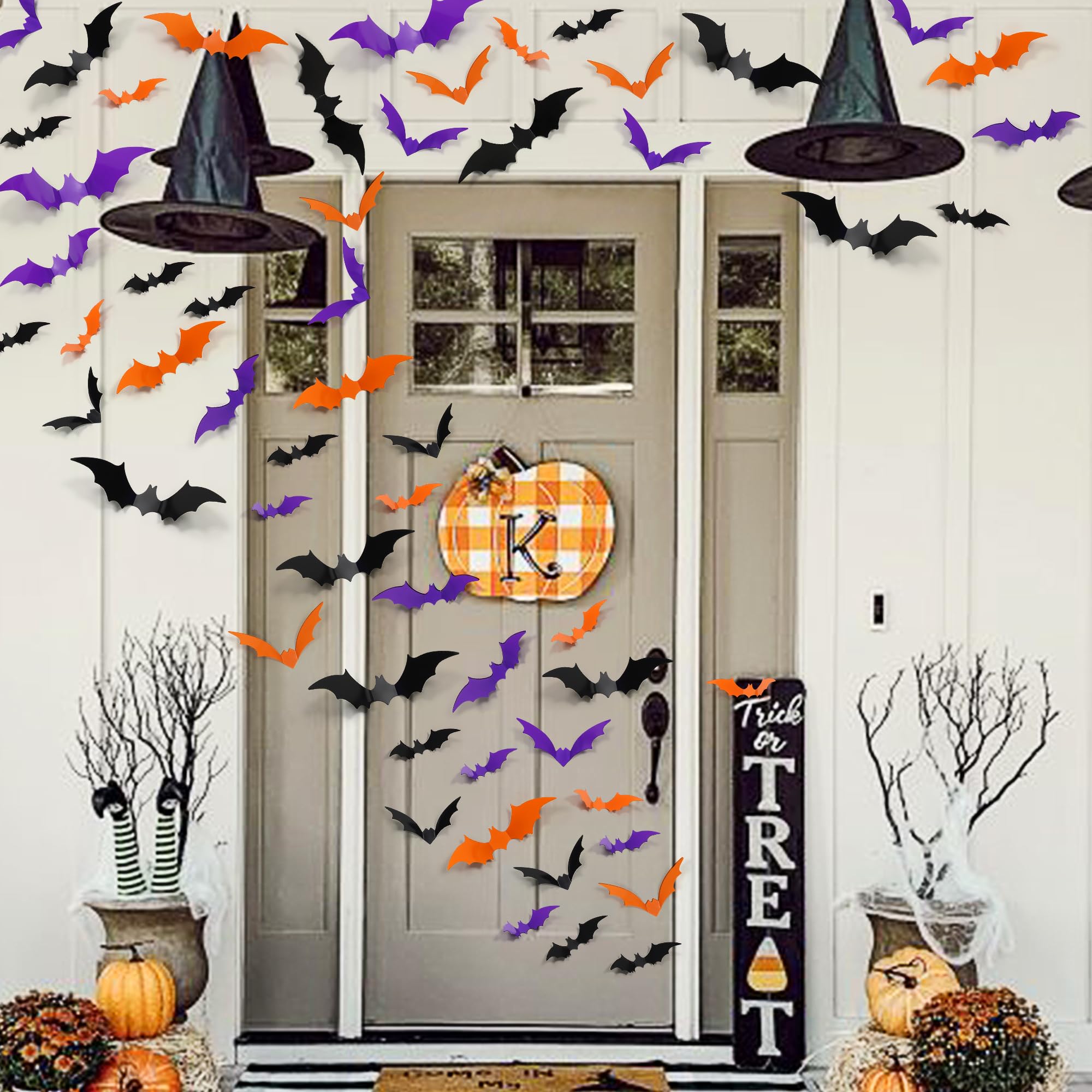 Halloween 3D Bat Wall Decals – 100 PCS Waterproof PVC Bats in Orange, Purple & Black (5 Sizes)