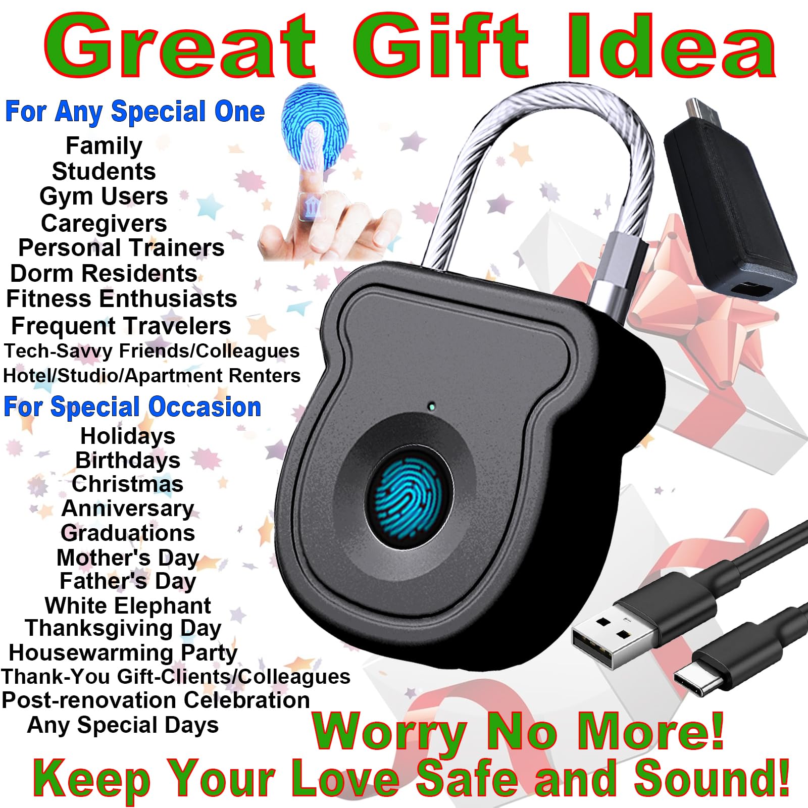 Fingerprint Cable Padlock with USB-C Emergency Key, Keyless Biometric Security Lock for Gym Locker, Bags & Indoor Storage