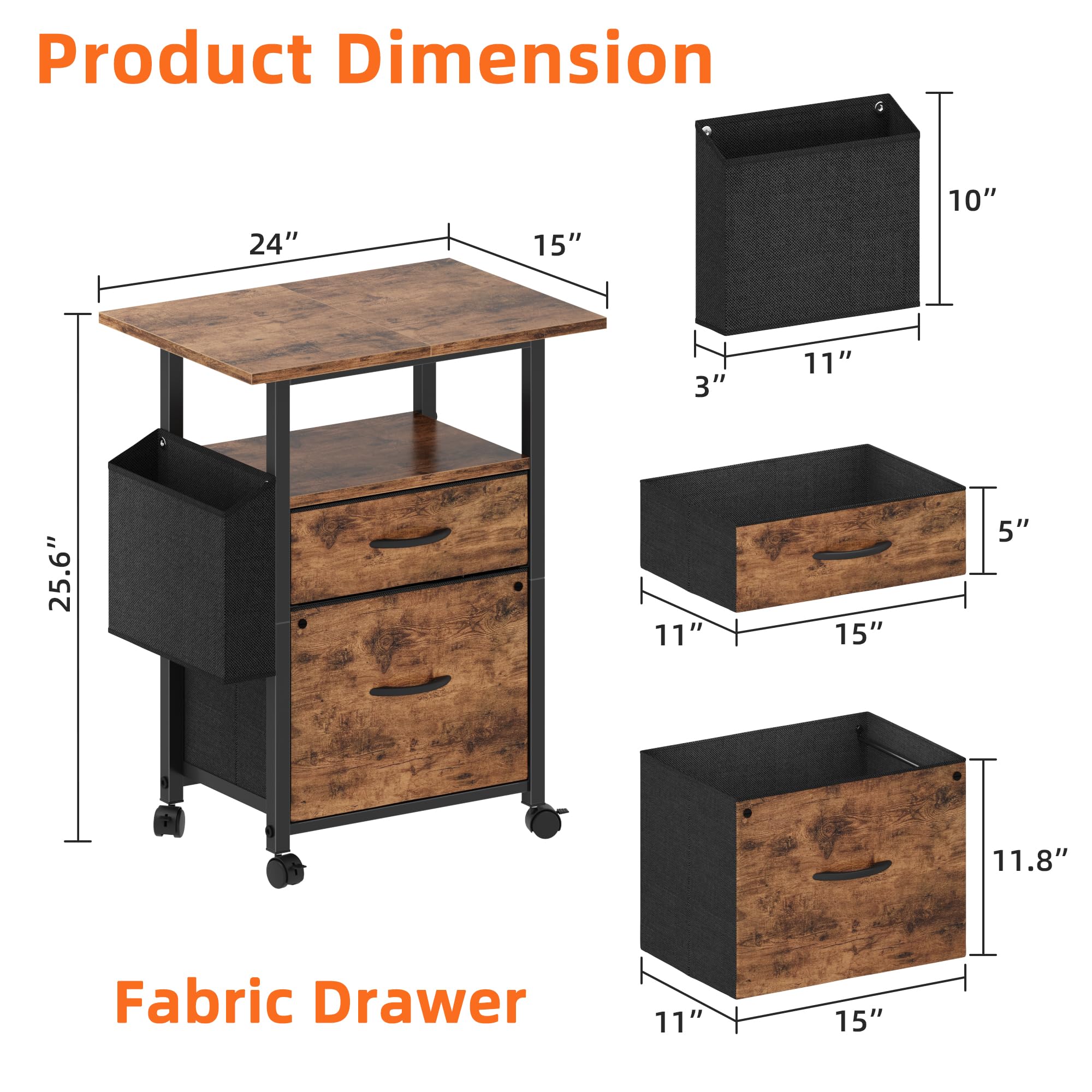 GYIIYUO 2-Drawer Rolling File Cabinet with 24” Extended Desktop – Mobile Filing Cabinet with Side Storage Bag (Light Brown)