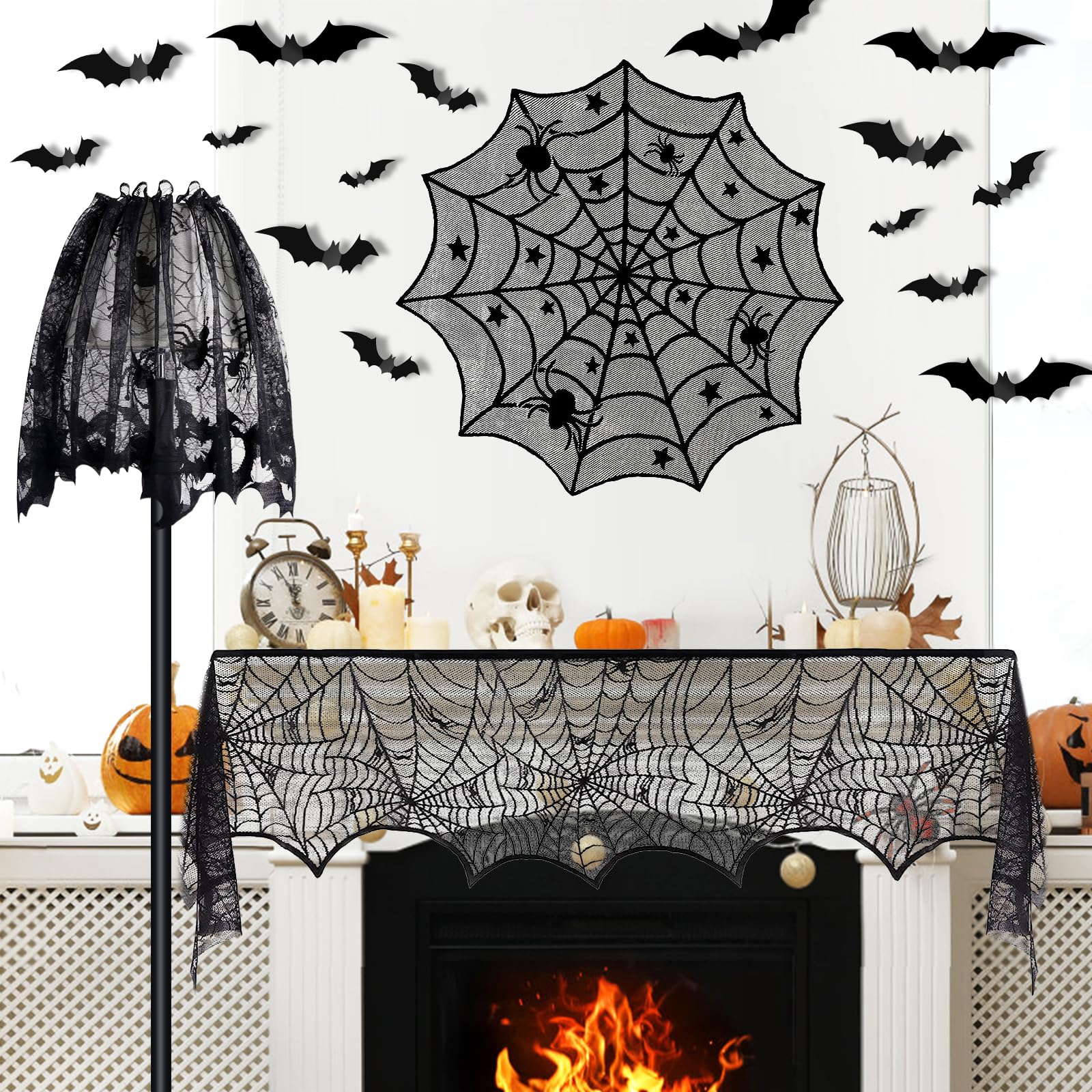 Halloween Lace Decoration Set – 5 Piece Black Gothic Décor Kit with Mantel Scarf, Table Runner, Lampshade, Round Cover & 3D Bat Wall Stickers