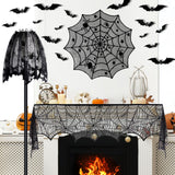 Halloween Lace Decoration Set – 5 Piece Black Gothic Décor Kit with Mantel Scarf, Table Runner, Lampshade, Round Cover & 3D Bat Wall Stickers