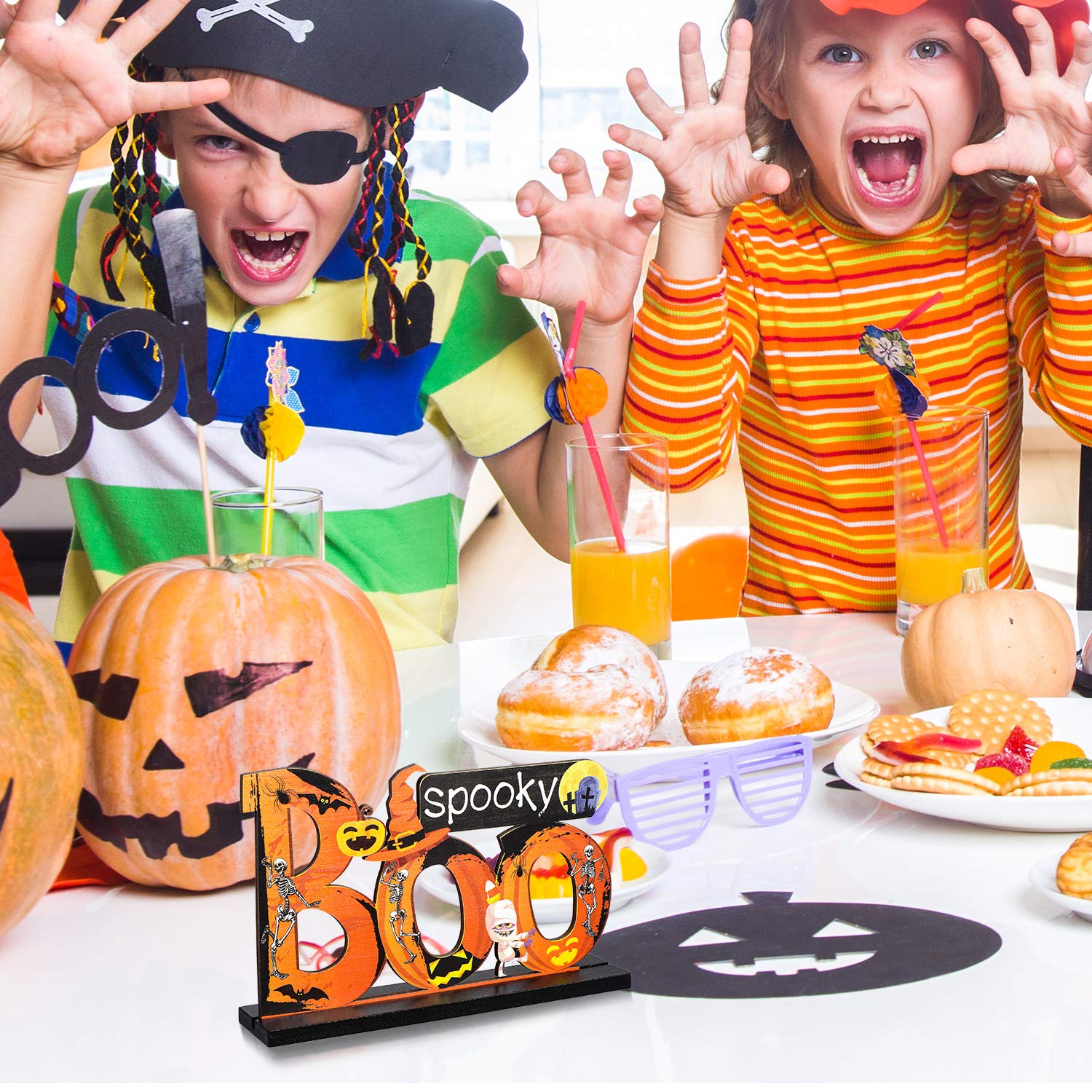 Wooden Halloween Table Centerpieces – “Boo”, “Trick or Treat”, “Happy Halloween” Signs (Set of 3)