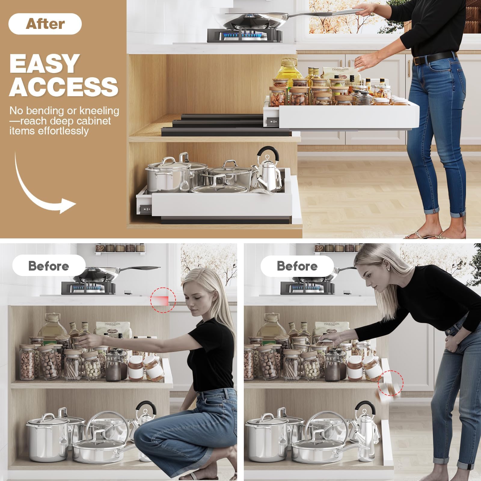 Expandable Pull-Out Cabinet Organizer with Handle – Adjustable Width & Depth, 3-Rail Slide-Out Shelf (White, 2-Pack)