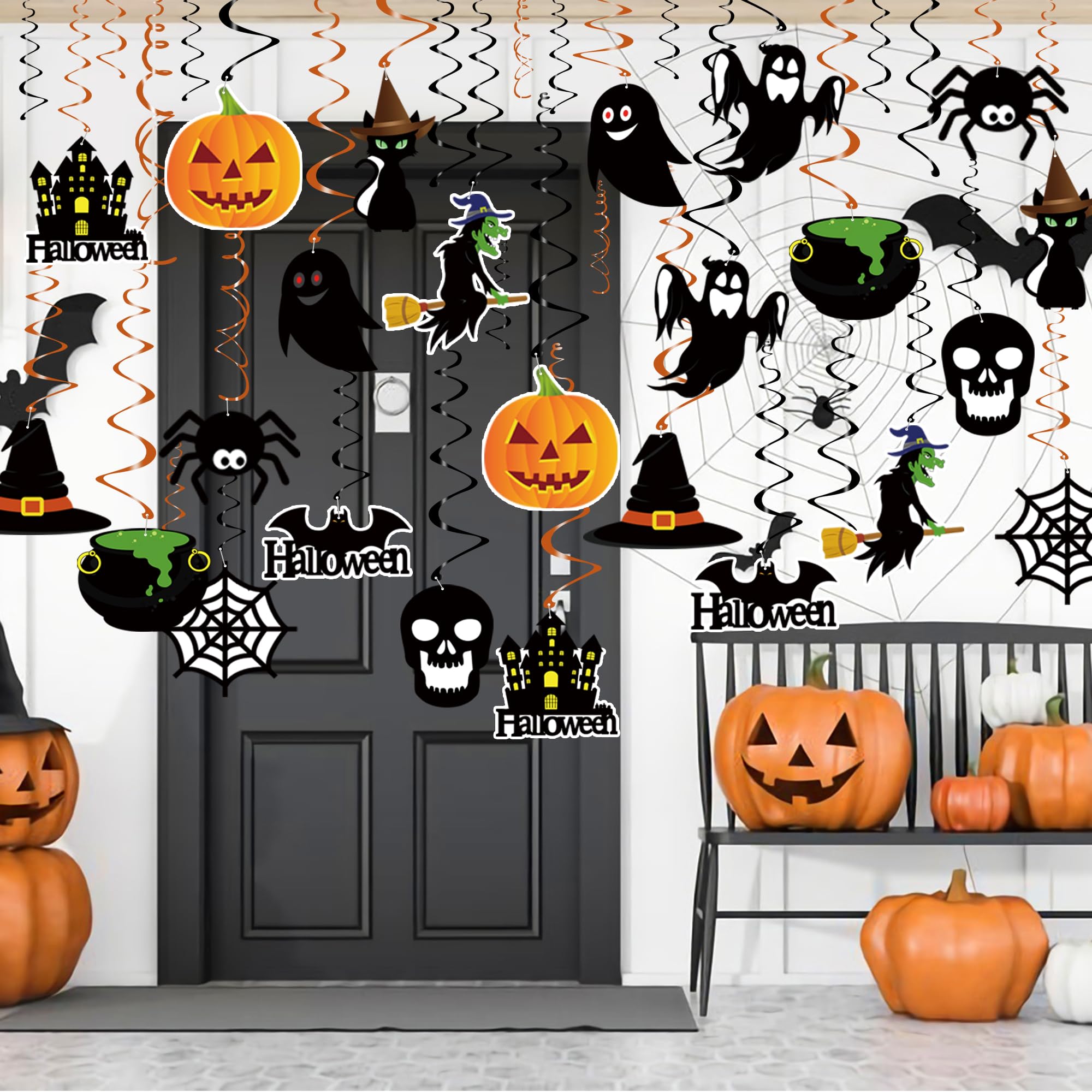 Halloween Hanging Swirl Decorations – 36 Pack Pre-Assembled Ceiling & Wall Party Décor with Bats, Ghosts, Skulls & Pumpkins (Black)