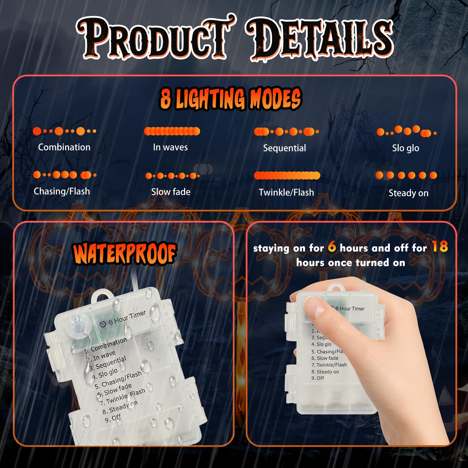 Jack-O’-Lantern Halloween Pathway Lights – 8.8ft Orange LED Pumpkin Stakes with Timer & 8 Lighting Modes (Battery Operated, Waterproof)