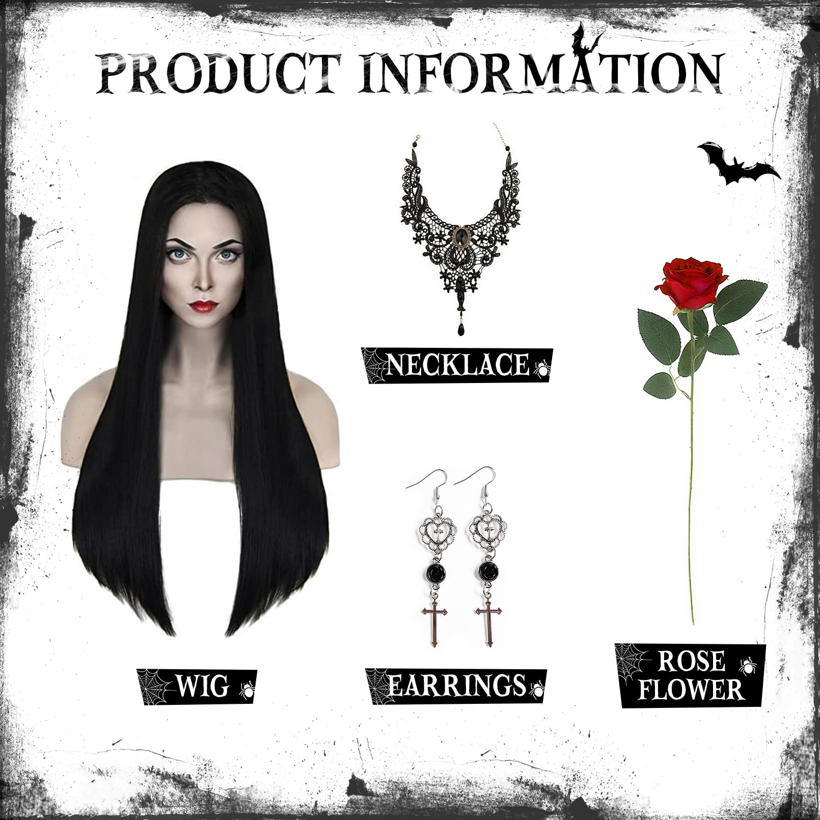 Gothic Halloween Wig & Accessories Set – Long Black Braided Wig with Necklace, Earrings & Red Rose