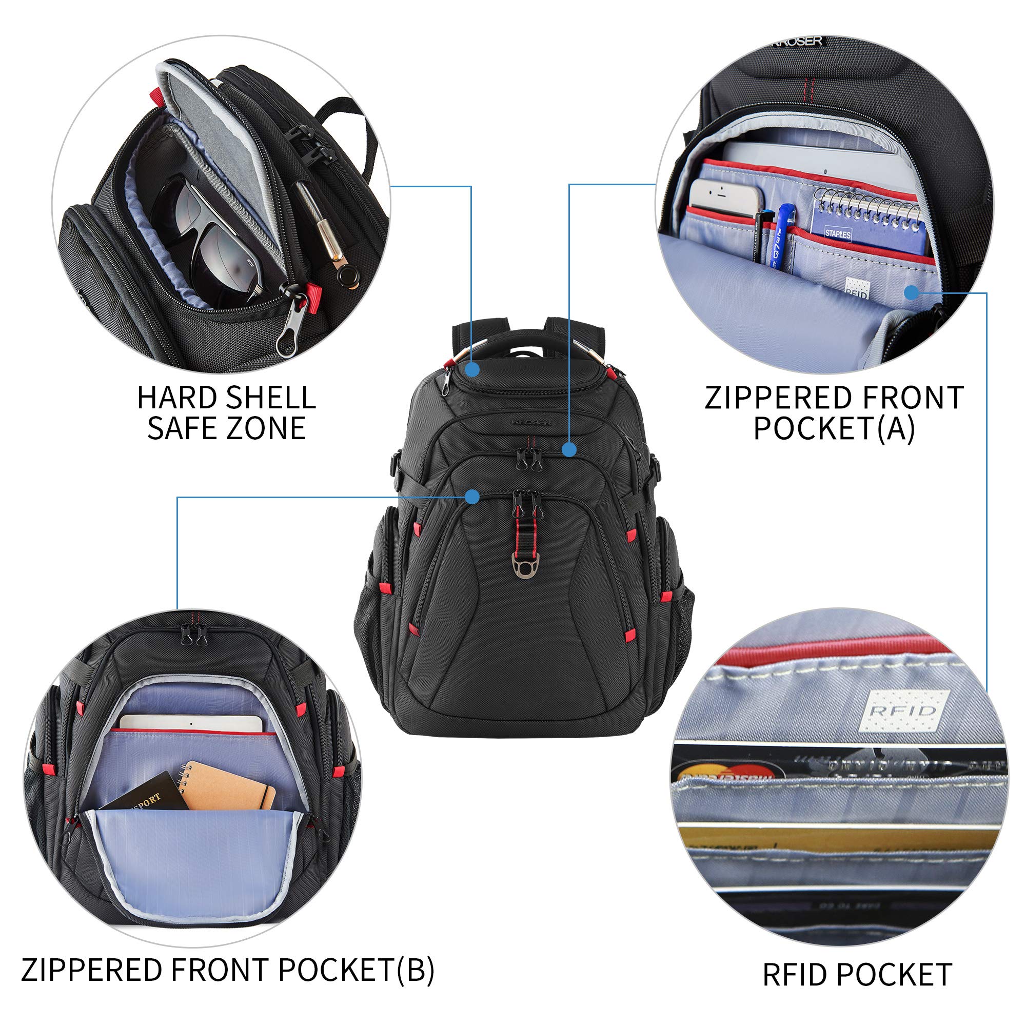 KROSER 17.3″ Travel Laptop Backpack with Hard Shell SafeRoom – RFID Protected, Water-Repellent Business & College Backpack (Black)