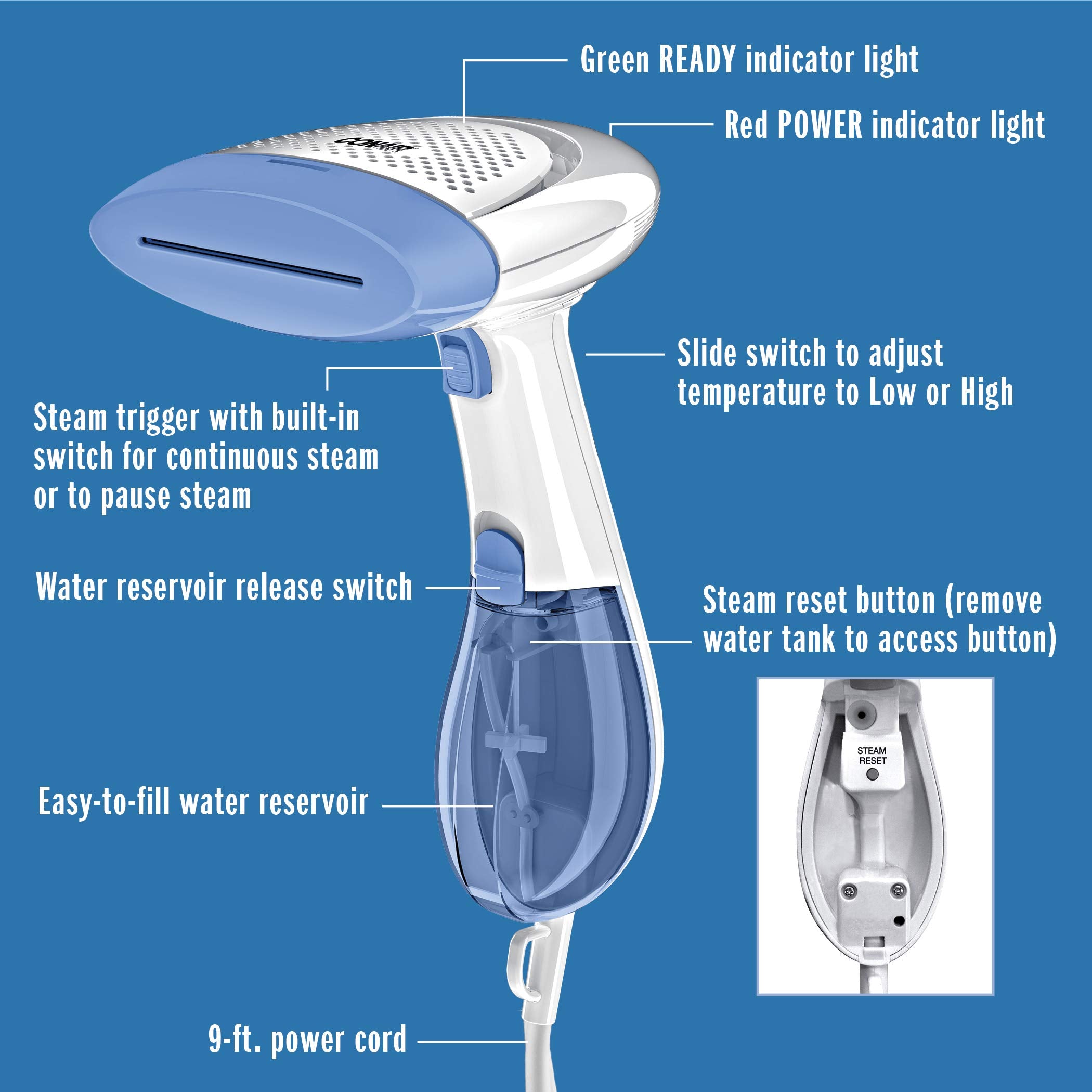 Conair ExtremeSteam White & Blue Dual Heat Handheld Garment Steamer 1200W Professional Fabric Steam System