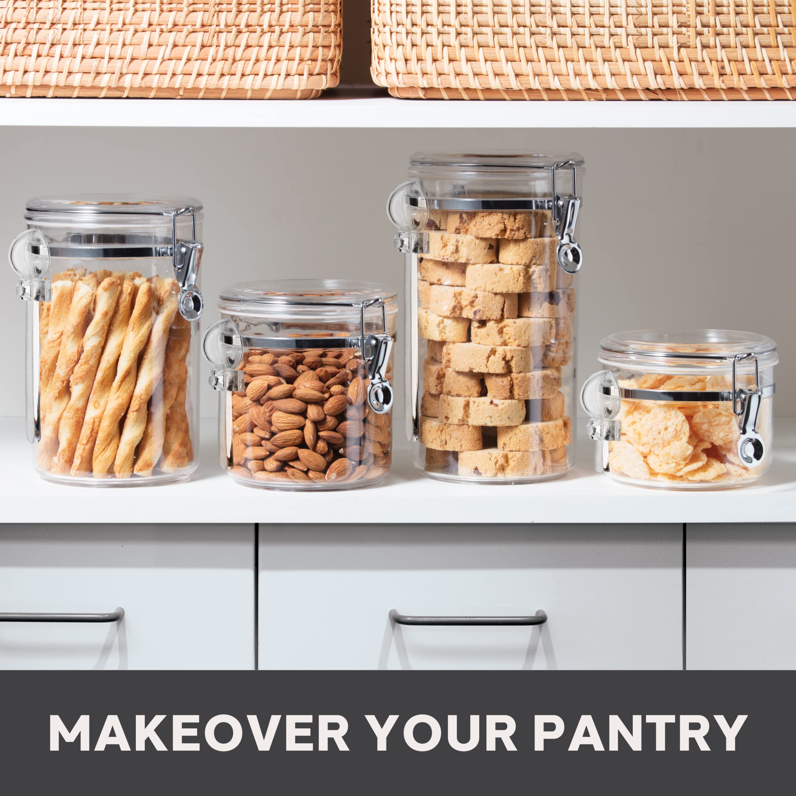 Airtight Kitchen Canister Set – 4-Piece Stackable Food Storage Containers with Scoops (Black Lids)