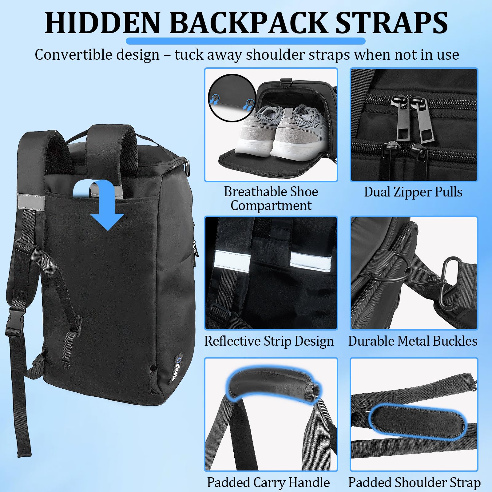 ORKELS 29L 3-in-1 Gym Bag Backpack – Waterproof Sports Duffle with Shoe & Wet Pocket for Travel and Fitness (Black)