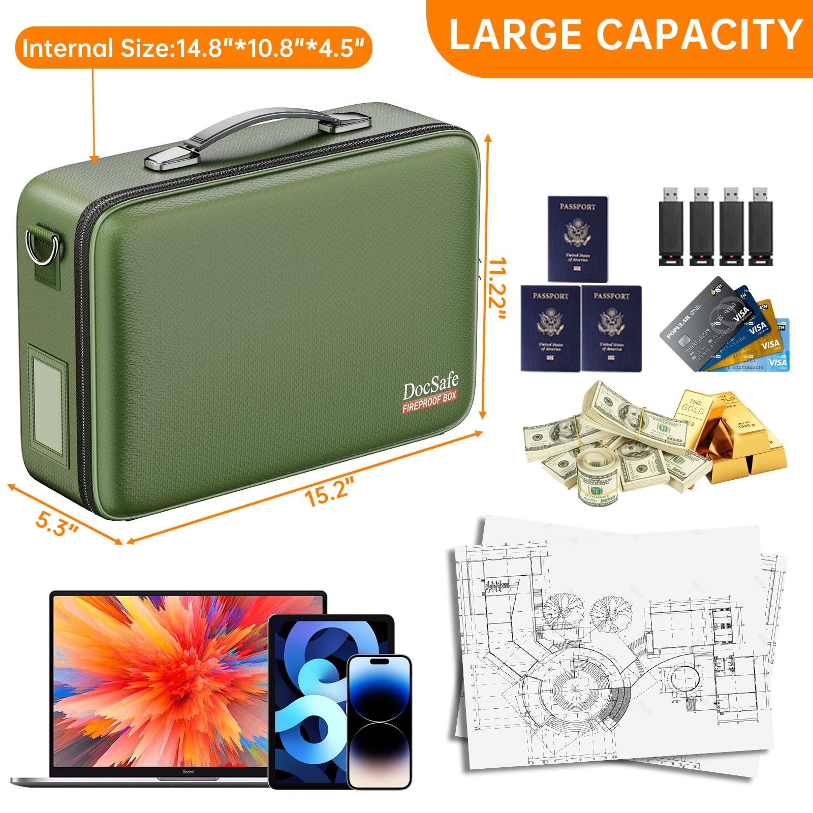 DOCSAFE Fireproof Hard-Shell Document Box with Lock – Portable File Organizer for Home, Office & Travel (Green)