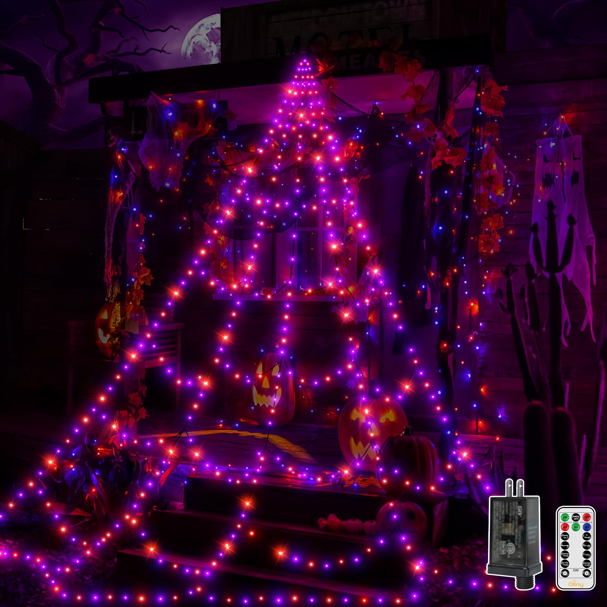 Halloween Spiderweb Lights – 266 LED Orange & Purple Outdoor Web with Remote, 8 Modes & Timer (9.8ft, IP67 Waterproof)