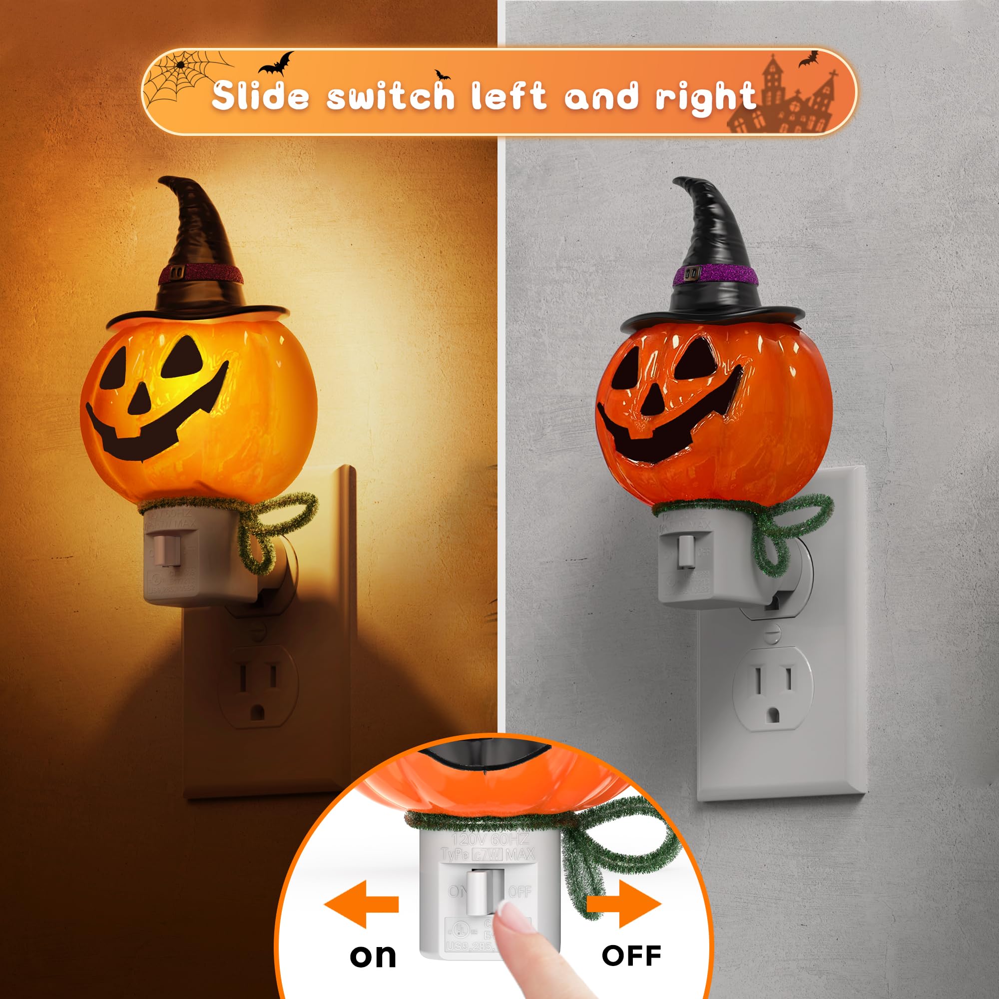 Pumpkin Witch Hat Plug-In Night Light – UL-Certified 0.8W Amber Glow with 360° Rotatable Plug & Replaceable E12 Bulb (Halloween Indoor Décor)