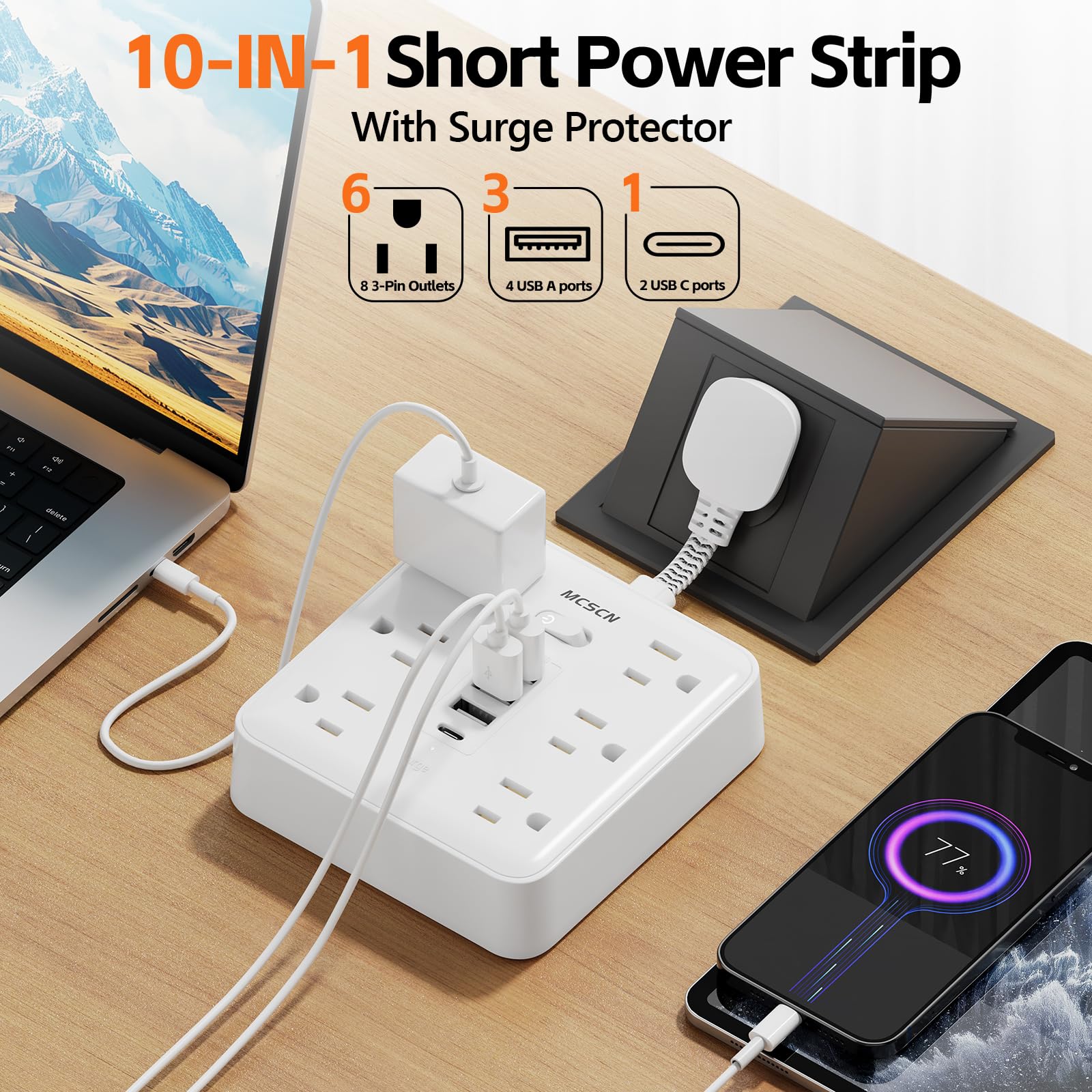 10-in-1 Slim Power Strip with Flat Plug – Surge Protector with 6 AC Outlets & USB-C (White)
