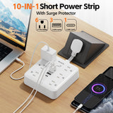 10-in-1 Slim Power Strip with Flat Plug – Surge Protector with 6 AC Outlets & USB-C (White)