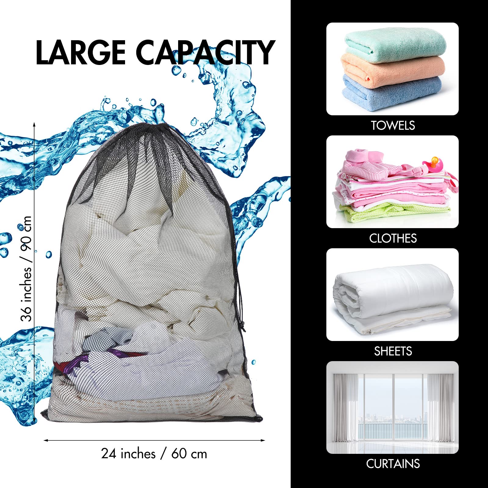 Berlune Large Mesh Laundry Bags 30-Pack (24 x 36 in) – Heavy-Duty Drawstring Wash Bags for Commercial & Bulk Use (Black)
