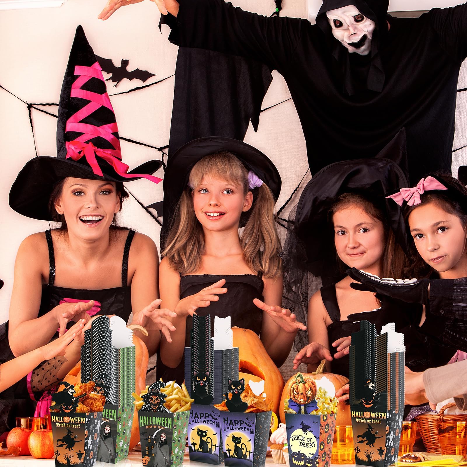 Halloween Popcorn Treat Boxes – 100-Pack Gray Snack Containers (4 Designs: Skeleton, Pumpkin, Cat & Witch)