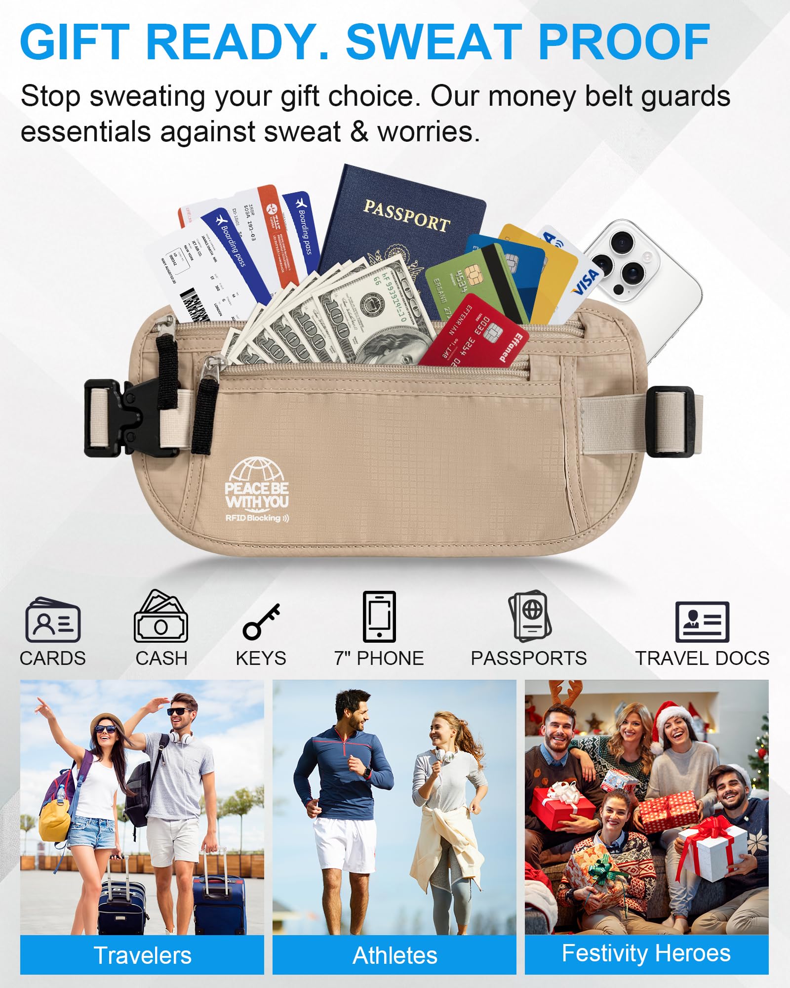 Hidden Travel Money Belt with RFID Blocking – Sweat-Proof Waist Wallet for Secure Storage (Beige)