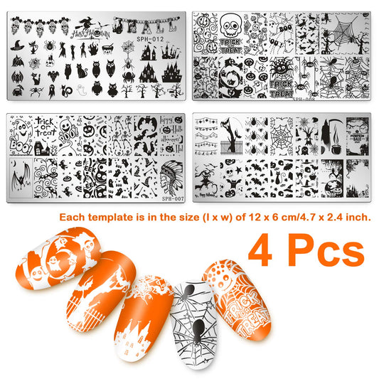 Halloween Nail Art Stamping Plates – 4pcs Stainless Steel Templates with Pumpkins, Bats, Spiders & Witch Patterns