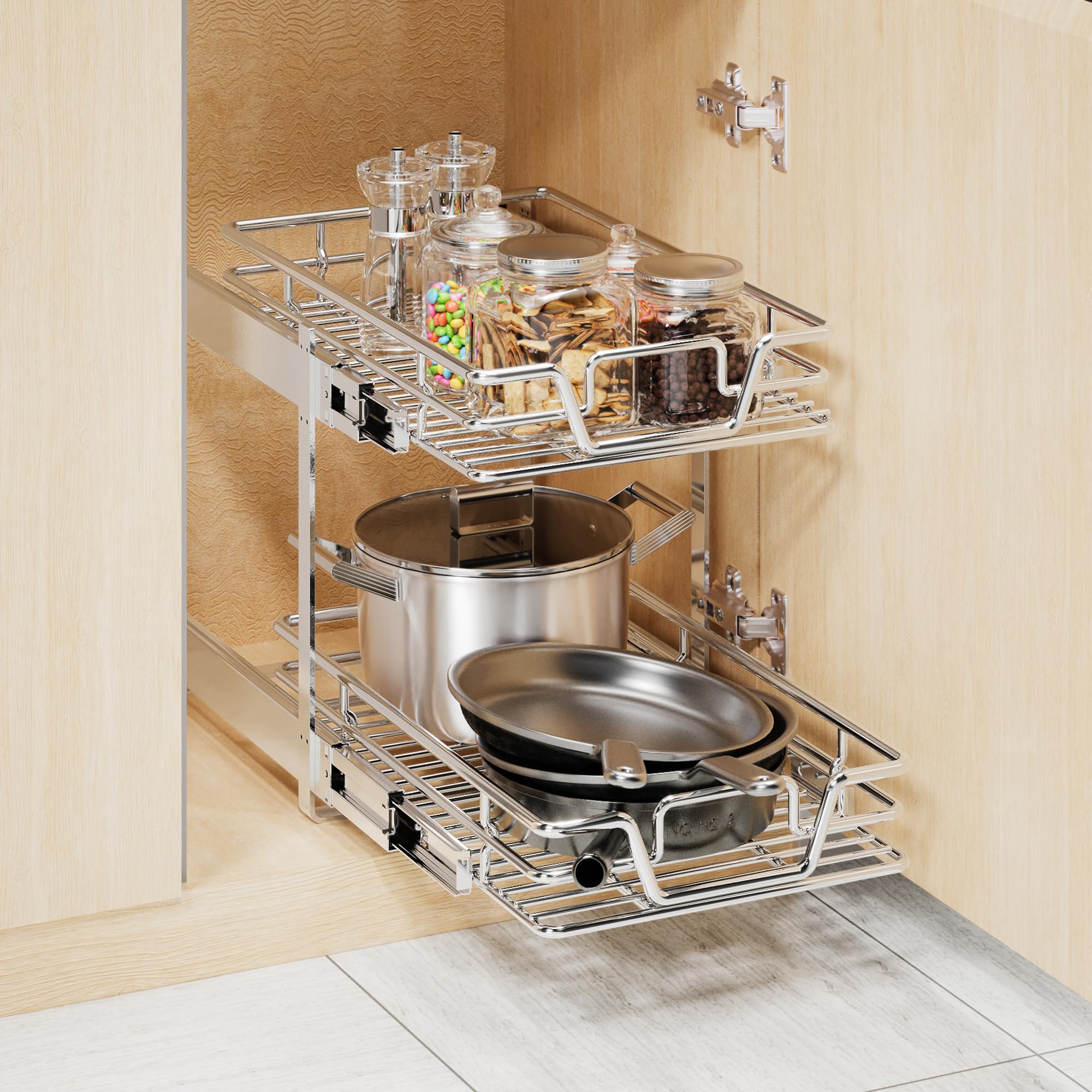 2-Tier Pull-Out Cabinet Organizer – Independently Sliding Chrome Storage Shelves